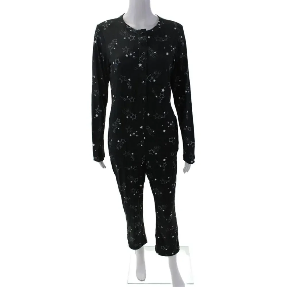 Mason Grey Womens Star Print Long Sleeve Sleepwear One Piece Black Size S